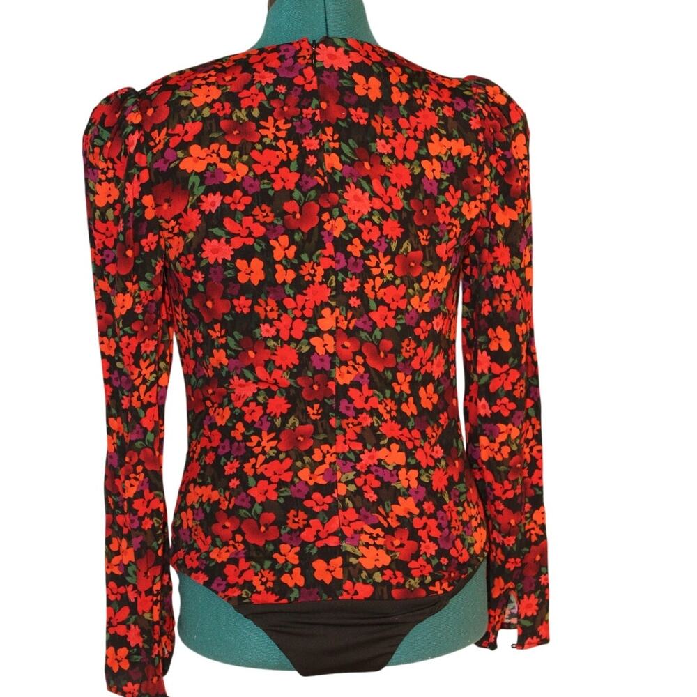 ASTR The Label Floral Sheer Long Sleeve Bodysuit Black Red Women's Small - Picture 3 of 6